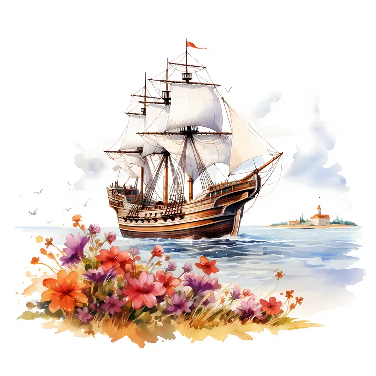 Sailing Ship with Flowers by the Sea