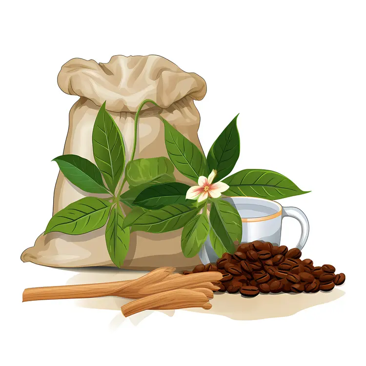 Coffee Beans and Sack with Coffee Cup and Flower