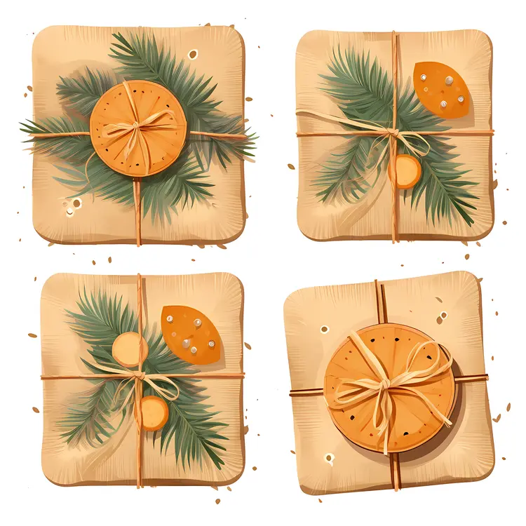 Set of Four Gift Boxes with Orange and Pine Decorations