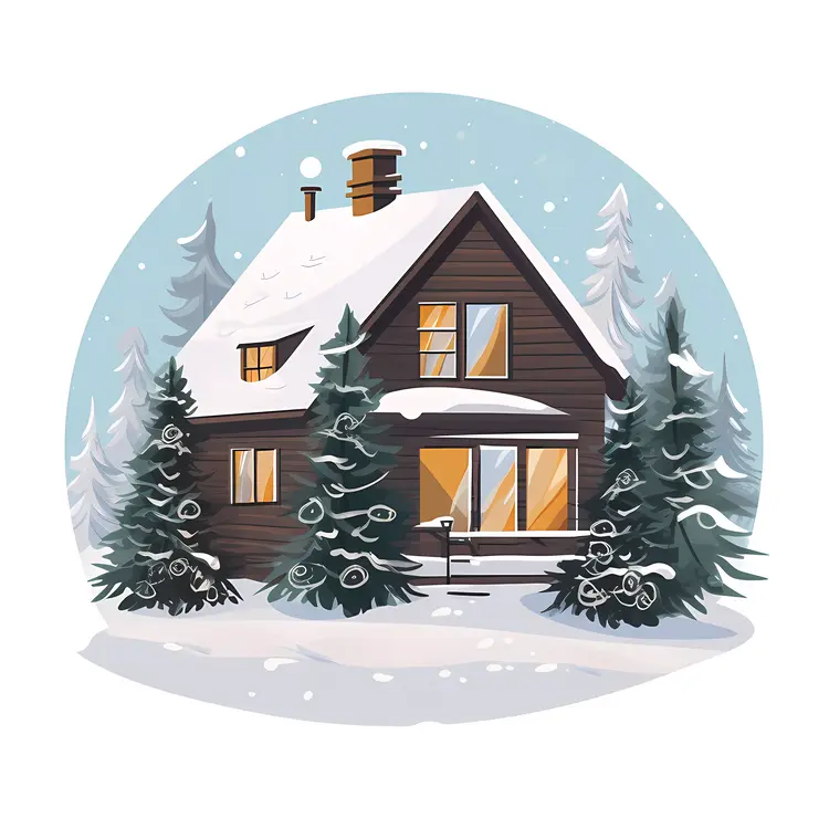 House in Snowy Landscape with Pine Trees