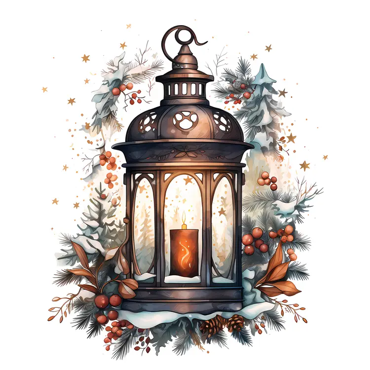 Elegant Lantern with Candle and Berries for Christmas