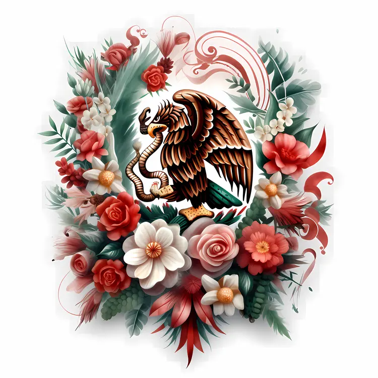 Intricate Floral Design with Mexican Eagle Emblem