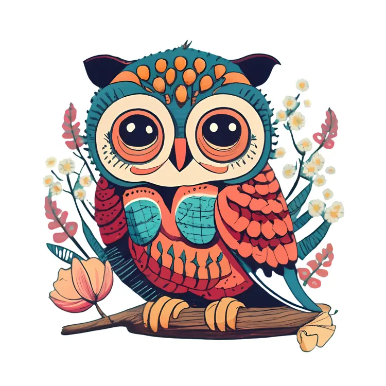 Colorful Owl on Branch with Flowers