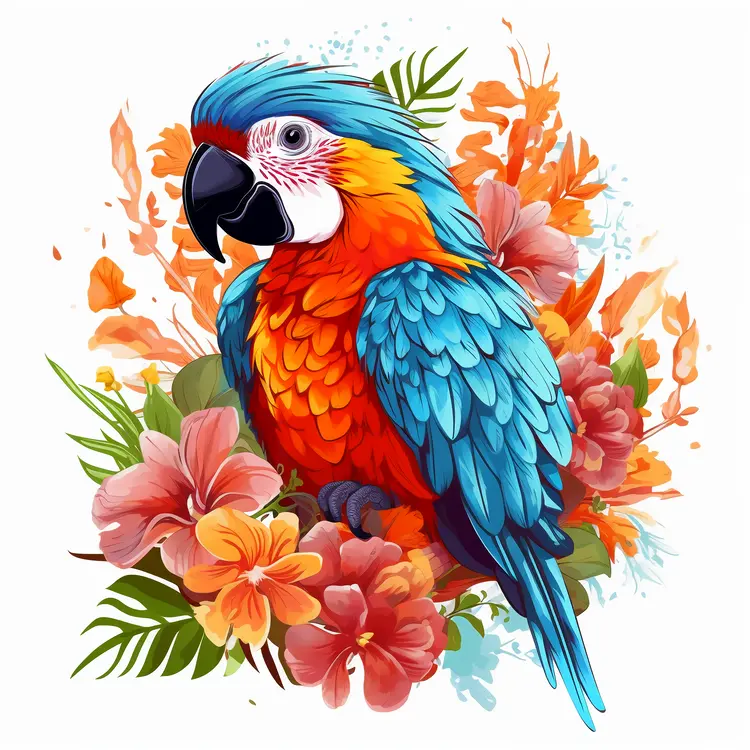 Colorful Parrot with Tropical Flowers