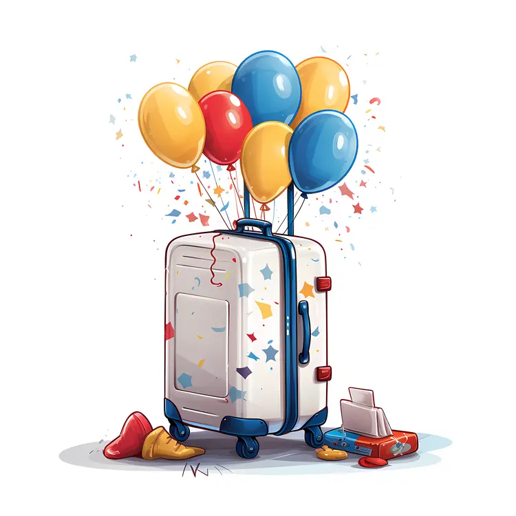 Suitcase with Balloons and Confetti