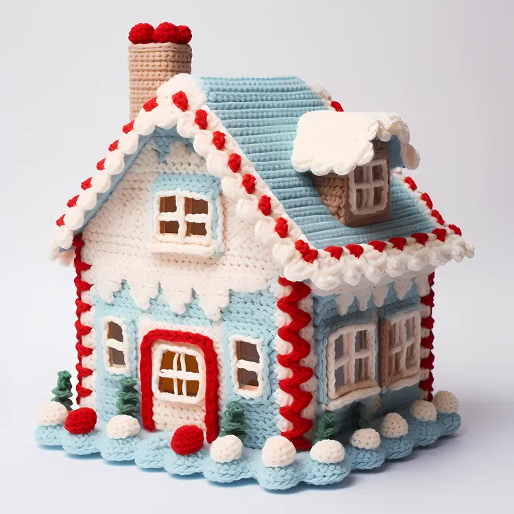Blue Gingerbread House with Red and White Decorations