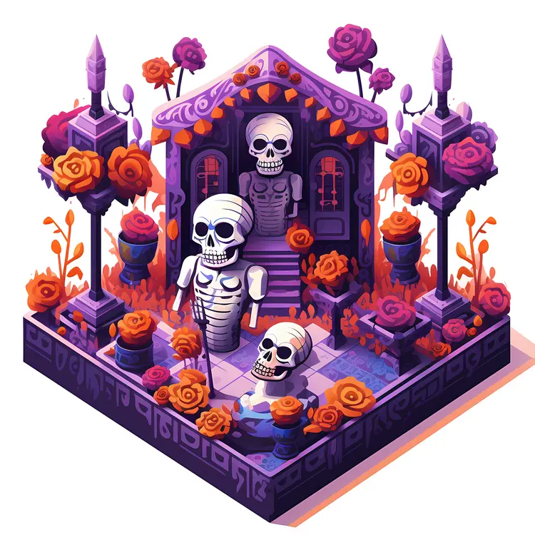 Skeletons in Colorful Cemetery