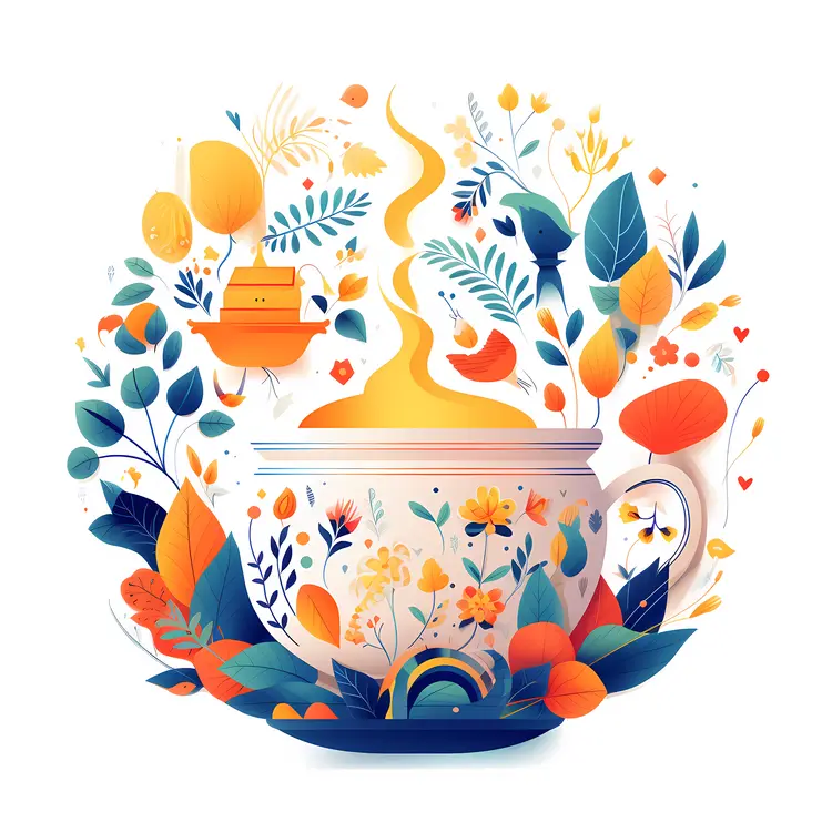 Colorful Tea Cup with Flowers and Leaves