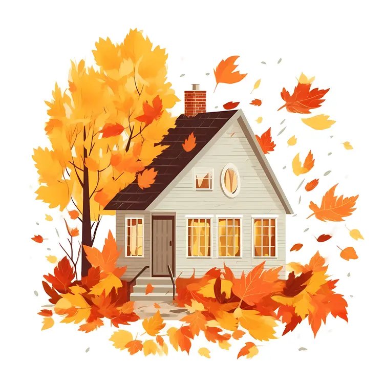 Autumn House with Falling Leaves