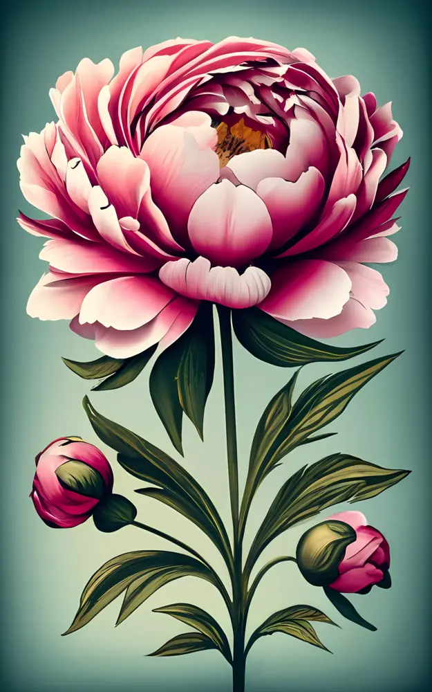 Pink Flower with Buds and Green Leaves