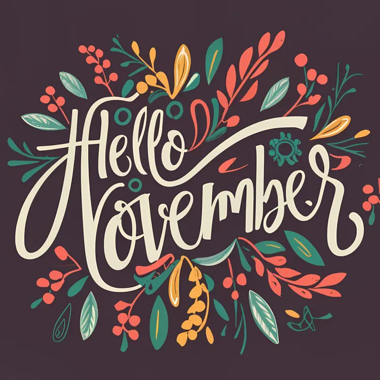 Hello November with Autumn Leaves and Berries