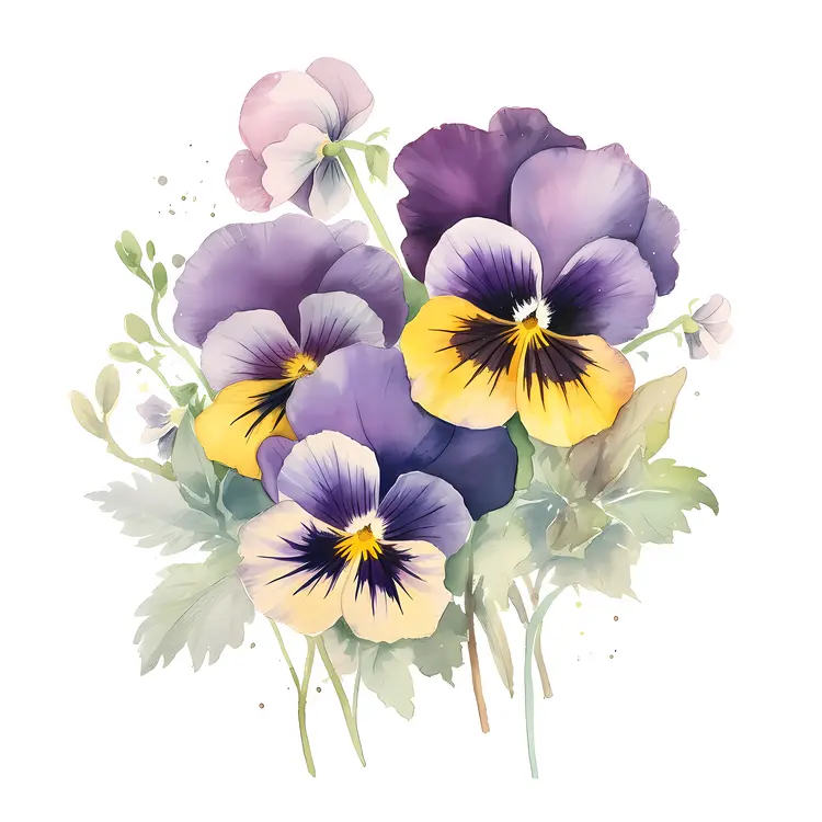 Watercolor Bouquet of Purple and Yellow Pansies