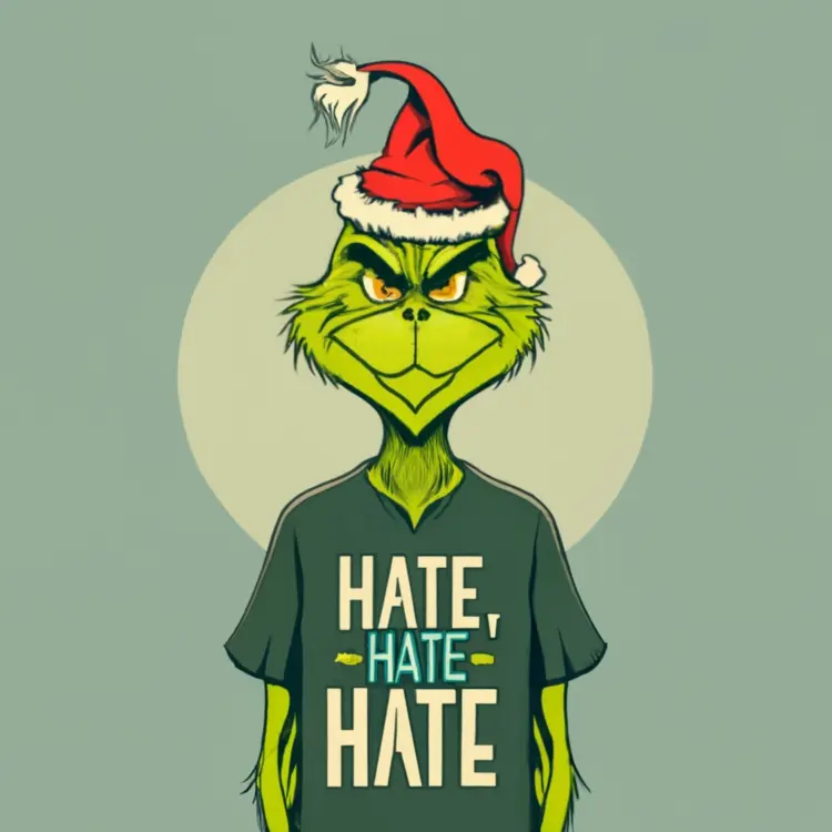 Grinch in Santa Hat with 'Hate, Hate, Hate' Shirt