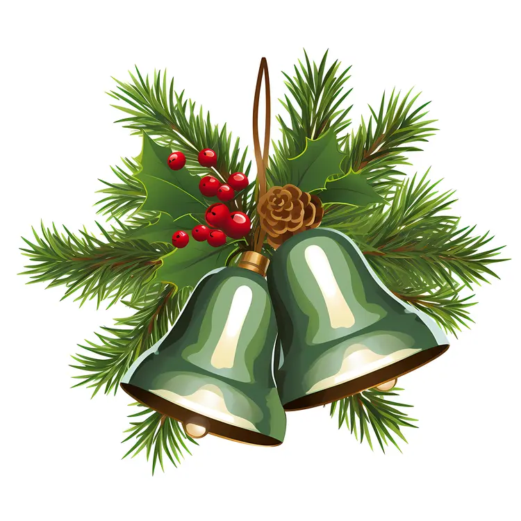 Festive Christmas Bells with Holly and Pine
