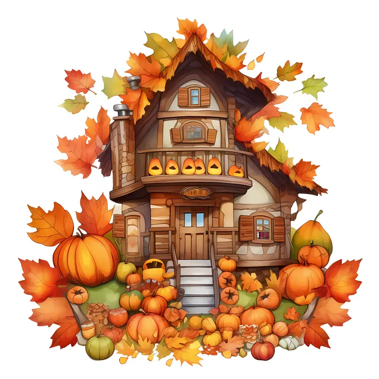 Autumn House with Pumpkins and Fall Leaves