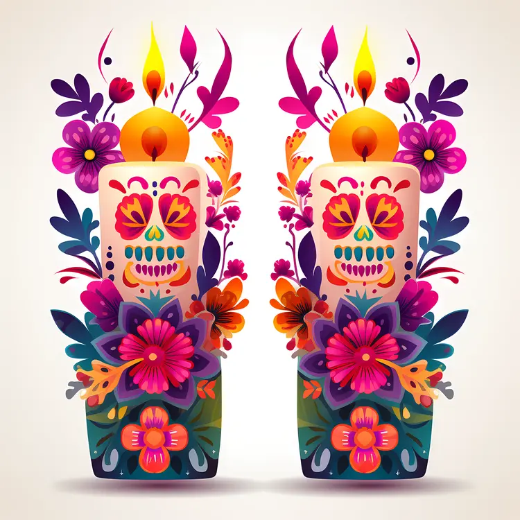 Colorful Day of the Dead Candles with Floral Decorations