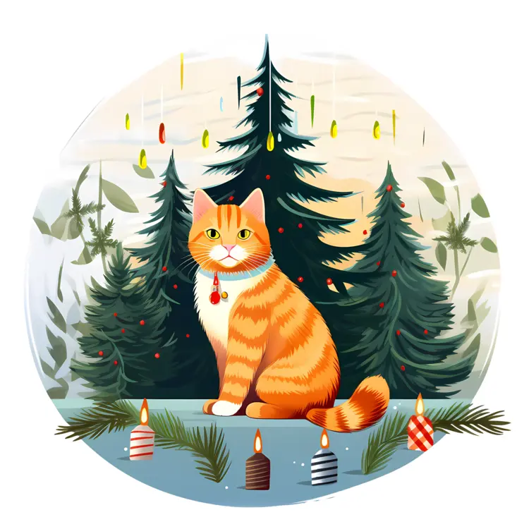 Christmas Cat with Tree Illustration