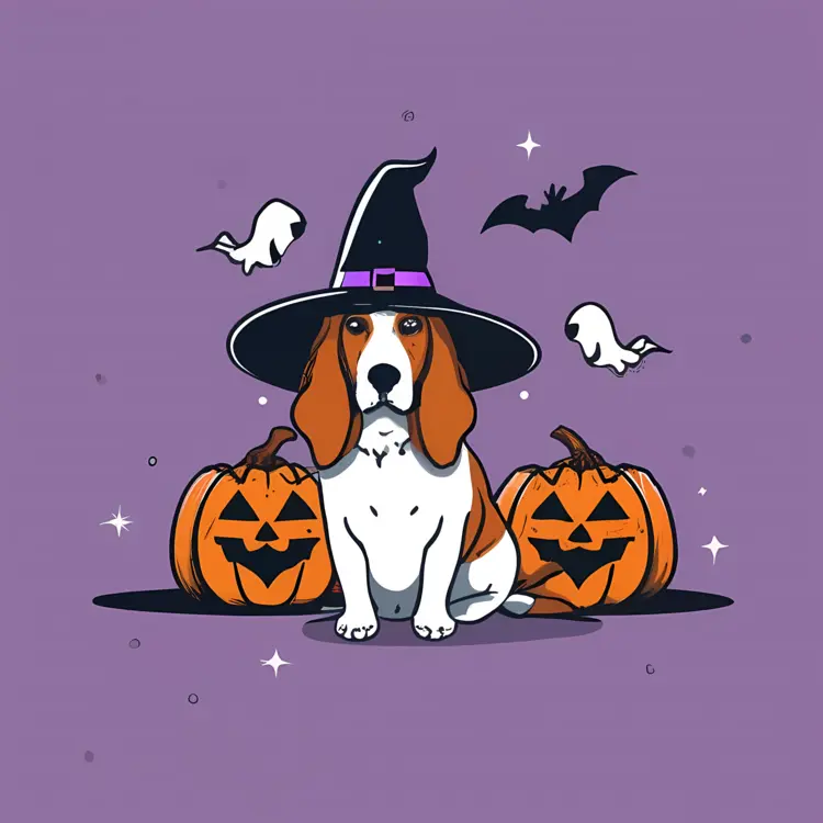 Dog in Witch Costume with Pumpkins and Ghosts
