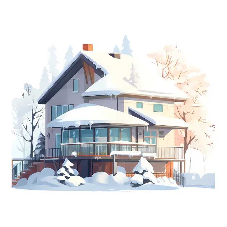 Snowy House with Deck and Trees