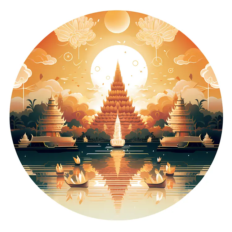 Temple with Lotus Candles at Sunset