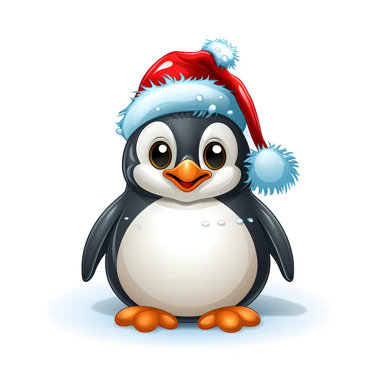 Cute Penguin with Santa Hat and Blue Pom-Pom