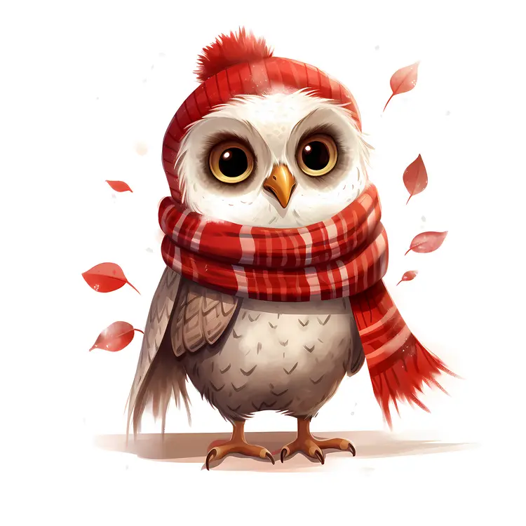 Owl with Red Hat and Scarf in Autumn