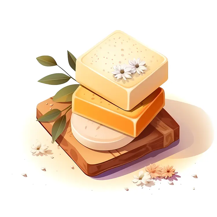 Natural Soap Bars with Flowers on Wooden Board
