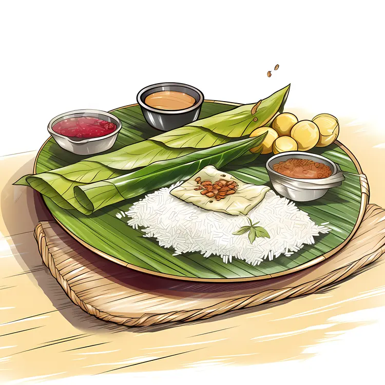 Traditional Meal on Banana Leaf with Rice and Side Dishes