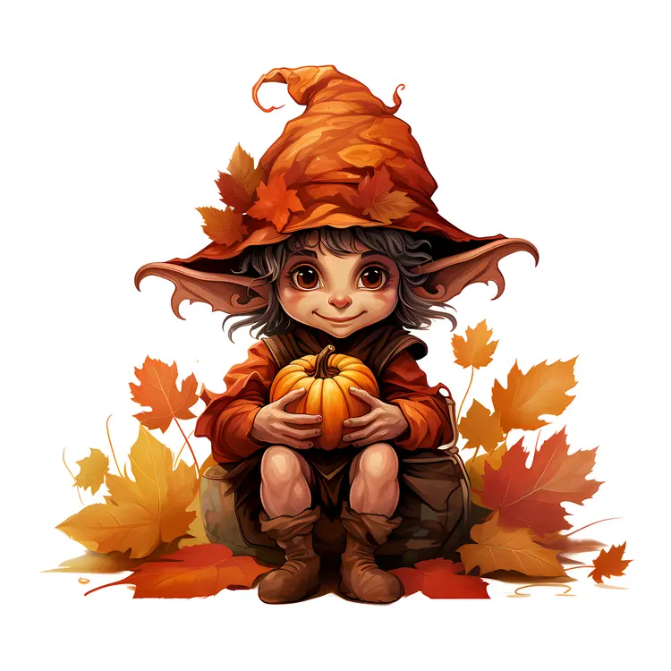Elf Holding a Pumpkin in Autumn