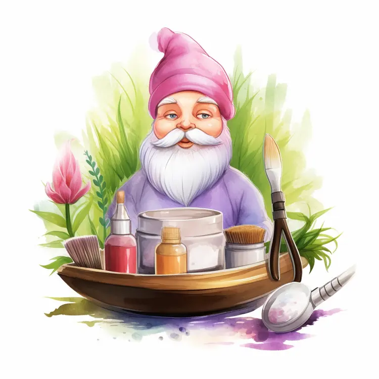 Gnome with Skincare and Makeup Products