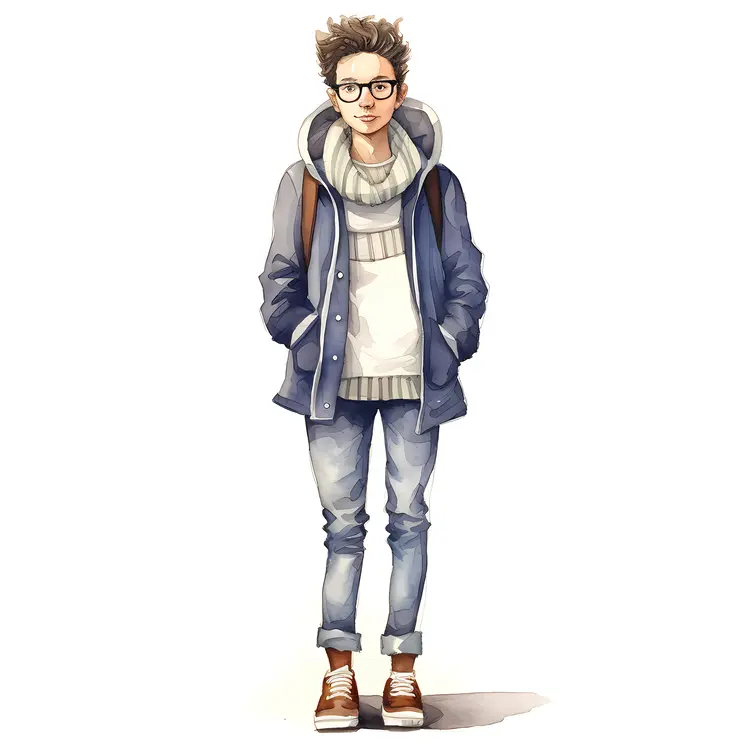 Casual Person in Blue Jacket with Glasses and Backpack