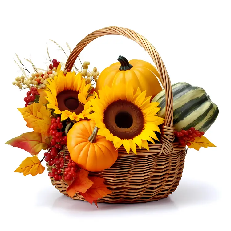 Autumn Basket with Sunflowers and Pumpkins