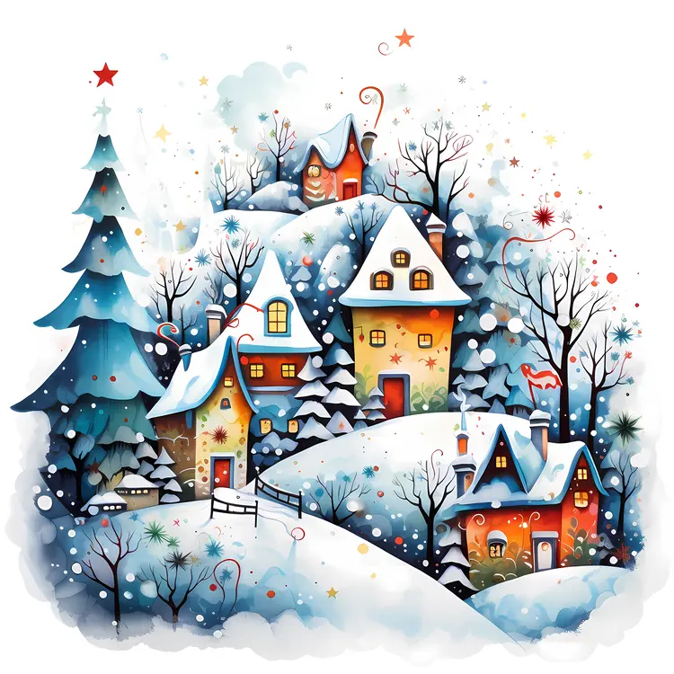 Snowy Village with Christmas Decorations