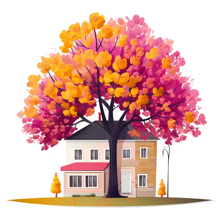 Small Cute Doodle House with Autumn Trees