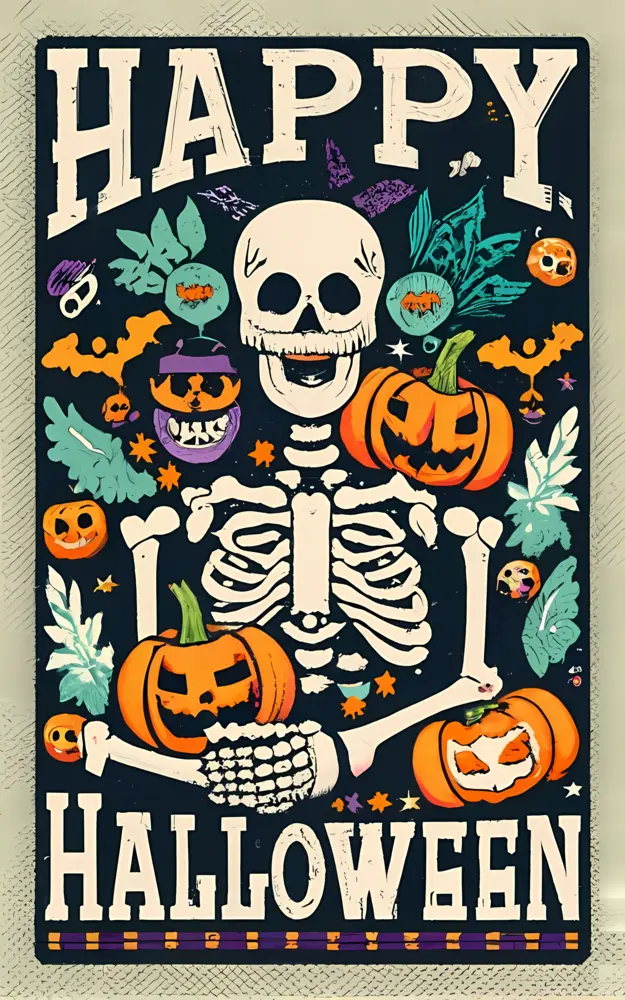 Skeleton with Pumpkins and Leaves for Halloween