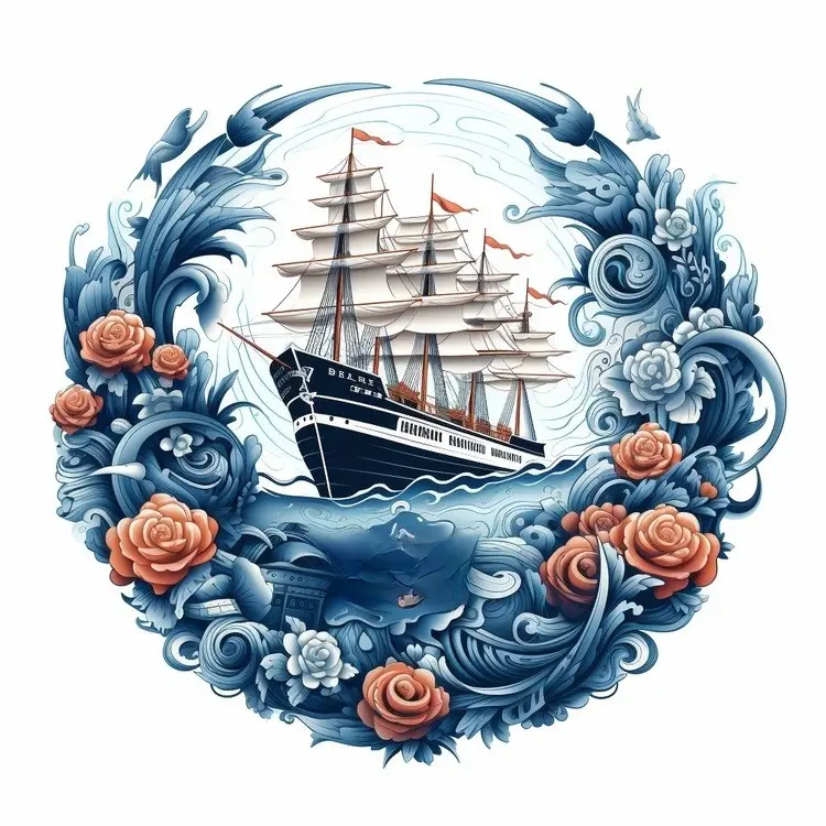 Sailing Ship Surrounded by Waves and Roses