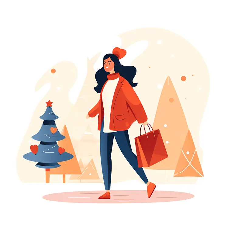 Woman Shopping by the Christmas Tree