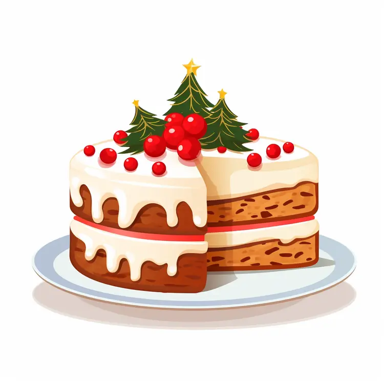 Christmas Cake with Christmas Trees and Red Berries