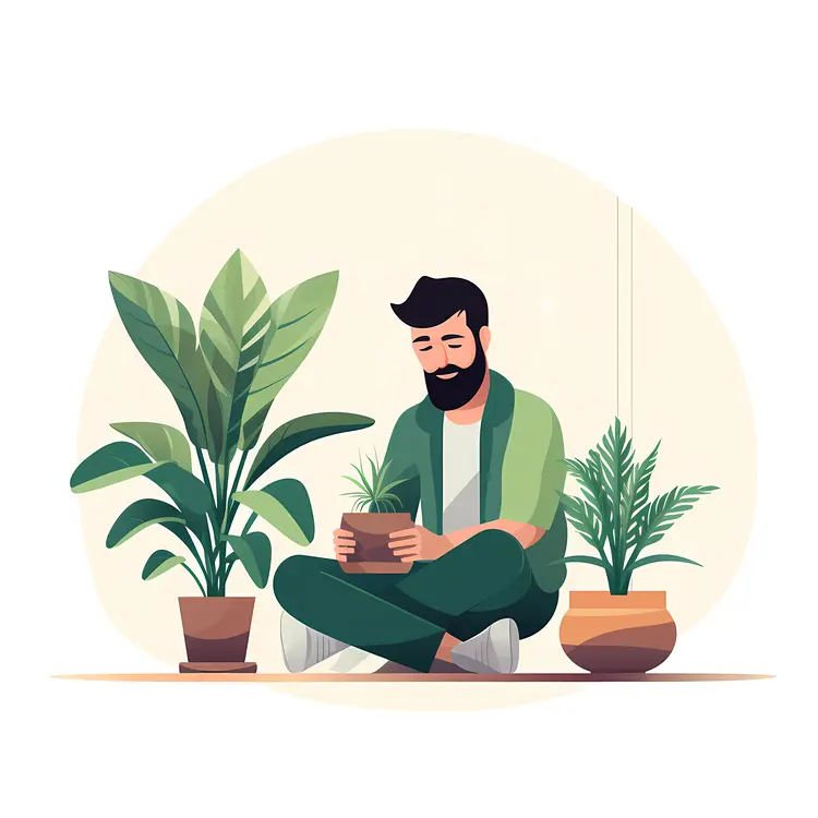 Man Sitting with Potted Plants