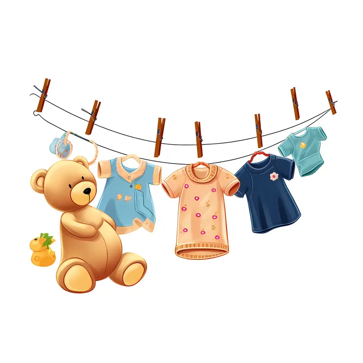 Cute Teddy Bear with Baby Clothes on Clothesline