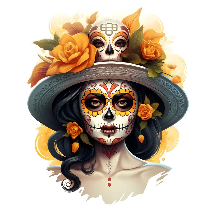 Sugar Skull Woman with Yellow Roses and Skull Hat