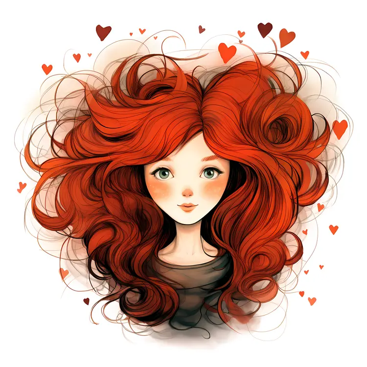 Cute Girl with Red Hair and Hearts