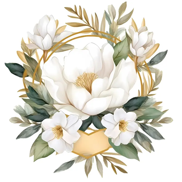 Elegant White Floral Wreath with Green Leaves and Golden Accents