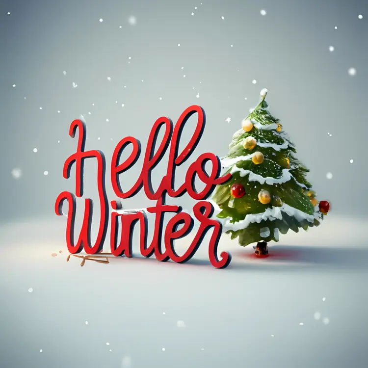 Hello Winter Text with Christmas Tree and Snow