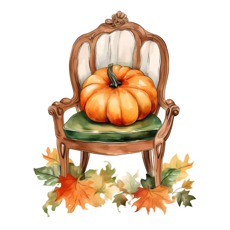 Pumpkin on Vintage Chair with Autumn Leaves