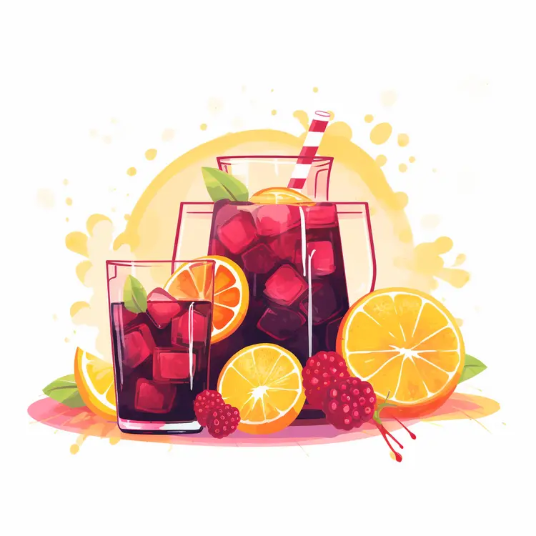 Red Sangria with Fresh Fruits and Ice Cubes