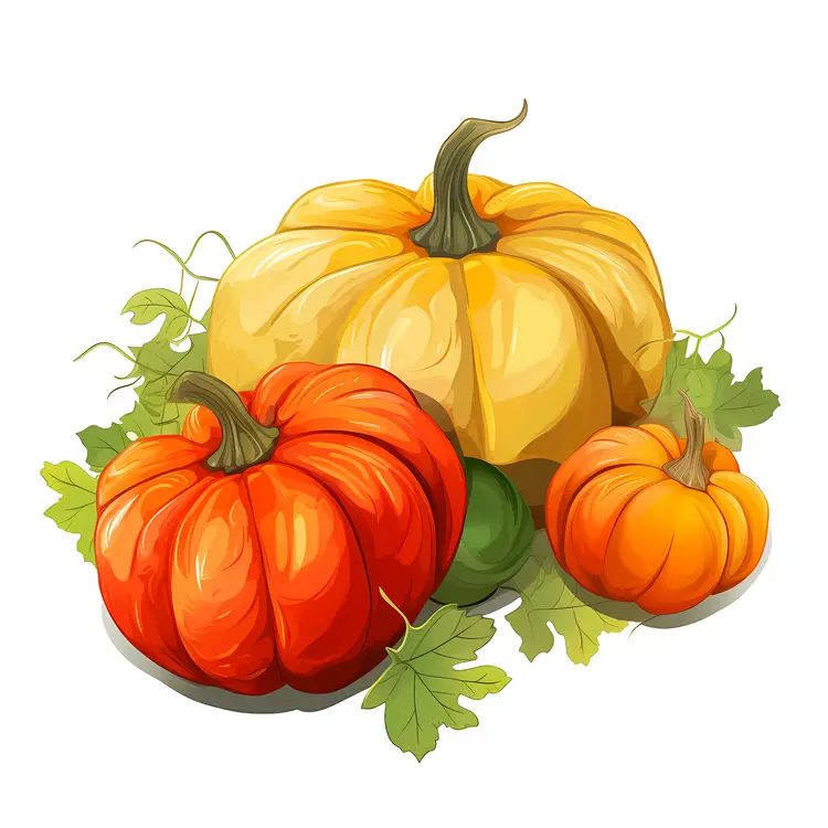 Four Pumpkins with Autumn Leaves