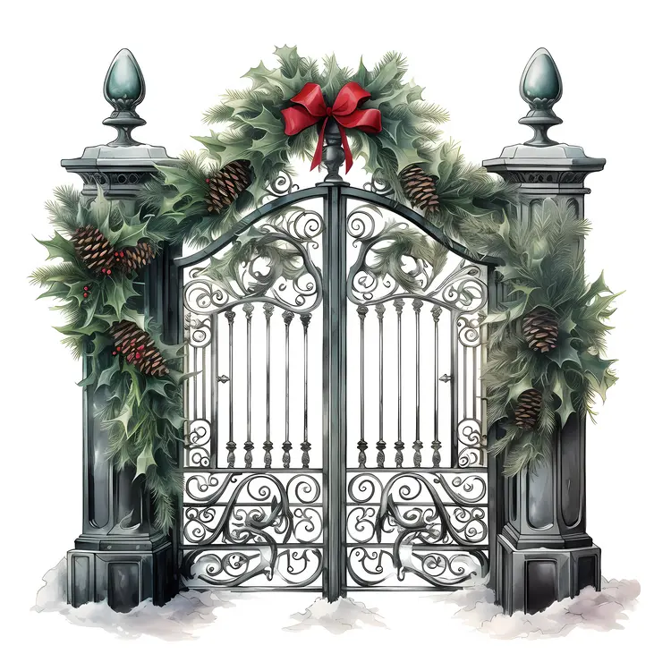 Decorated Gate with Wreath and Bow for Christmas