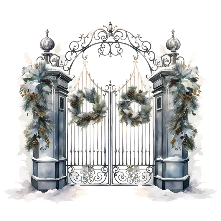 Snowy Gate with Christmas Wreaths