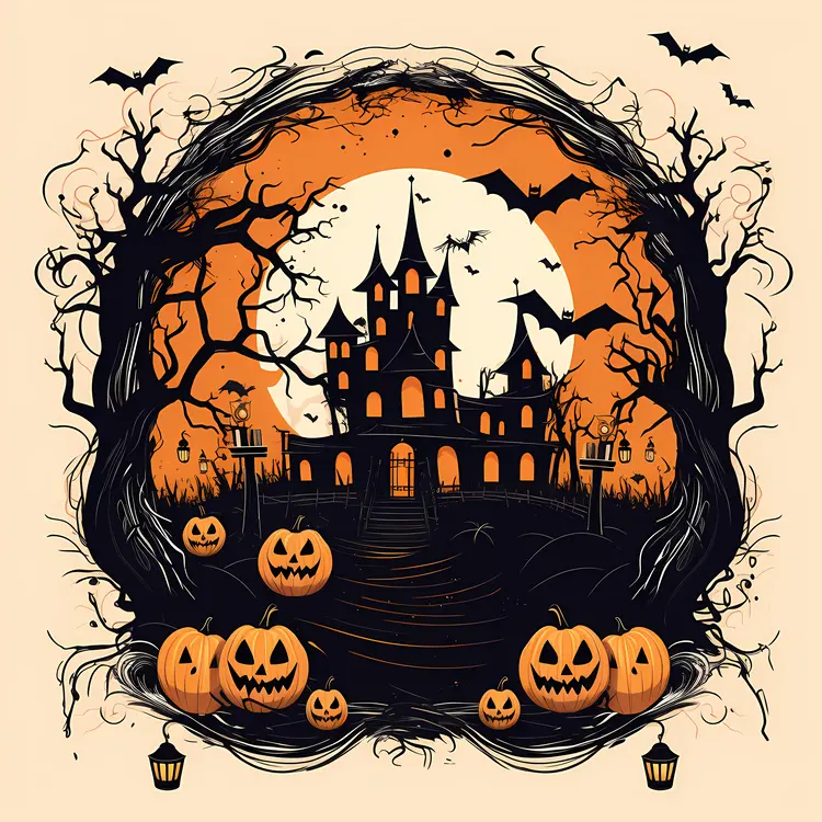 Haunted House with Pumpkins and Bats